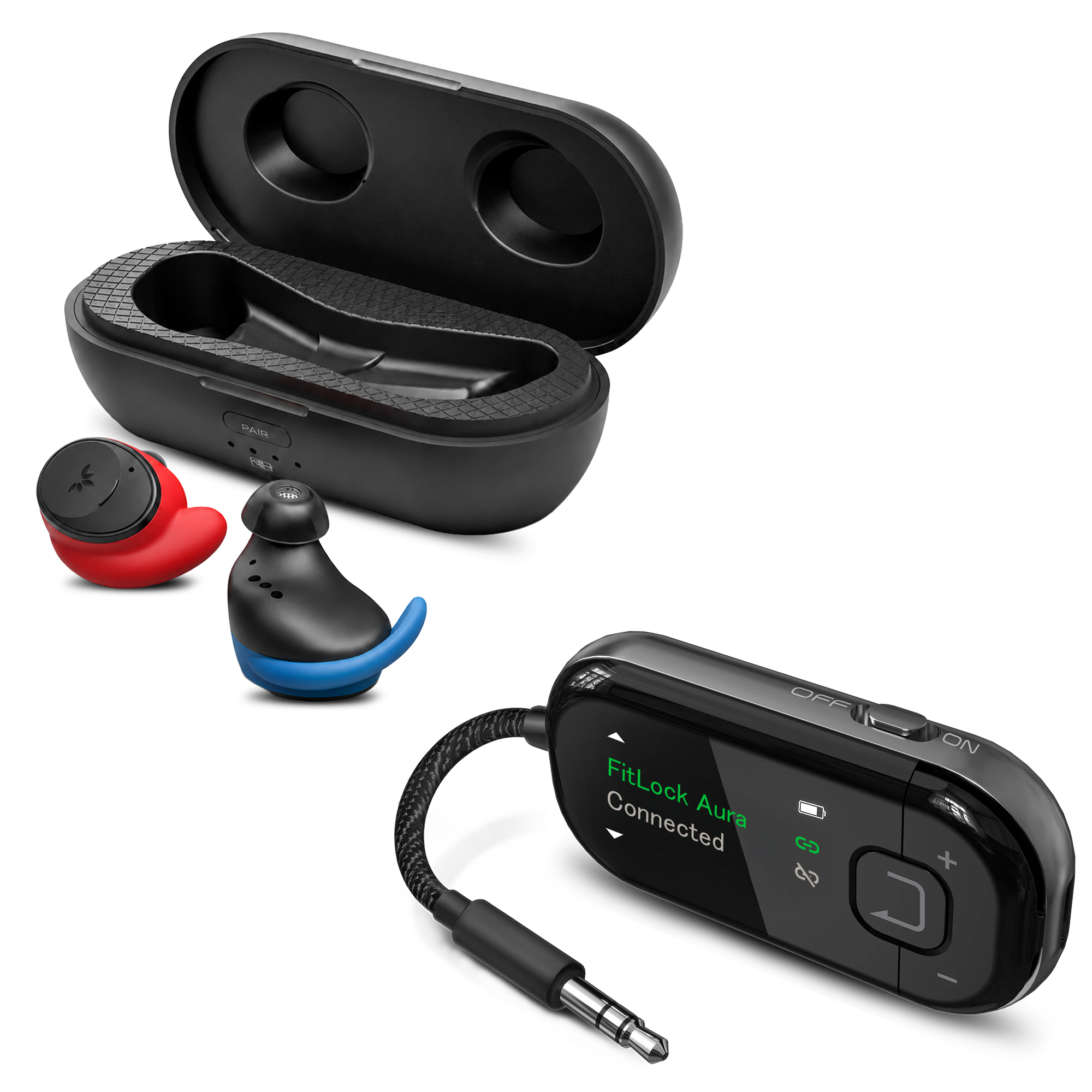 FitLock Aura Travel | Secure-Fit Earbuds + Voyager Adapter